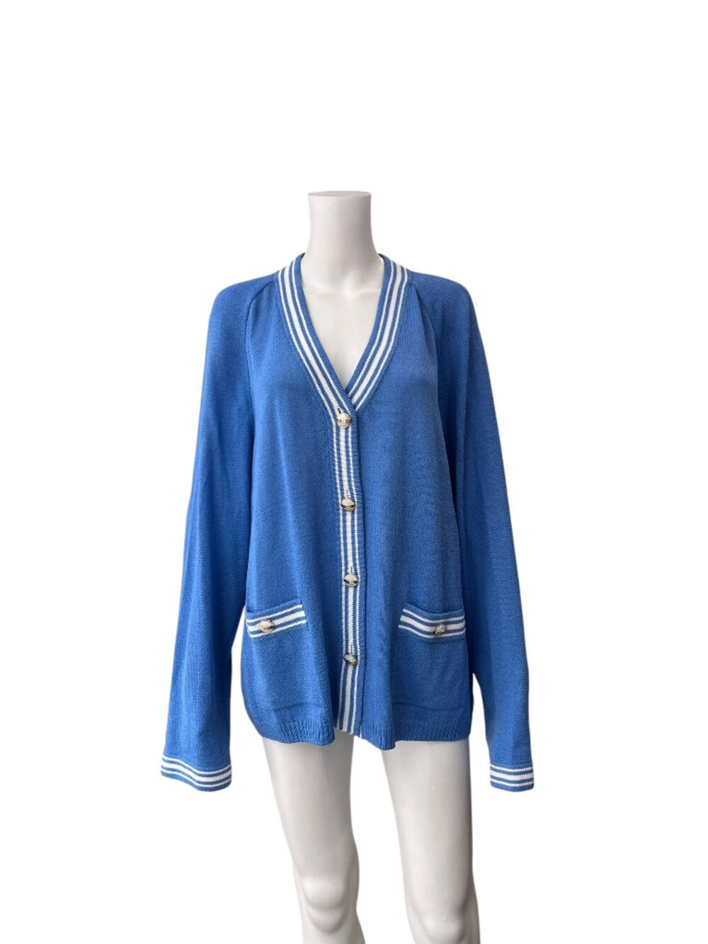 St. John Blue White Stripe V-Neck Cardigan Wool Sweater size XL
